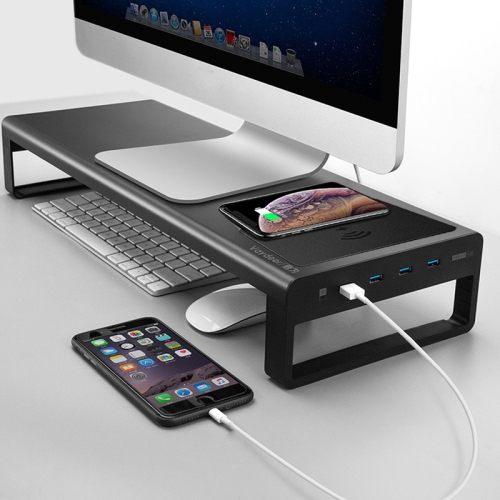 

Vaydeer Metal Display Increase Rack Multifunctional Usb Wireless Laptop Screen Stand, Style:L-Wireless Charging-Black(Wireless Charger+1xSplitter+4xUSB3.0)