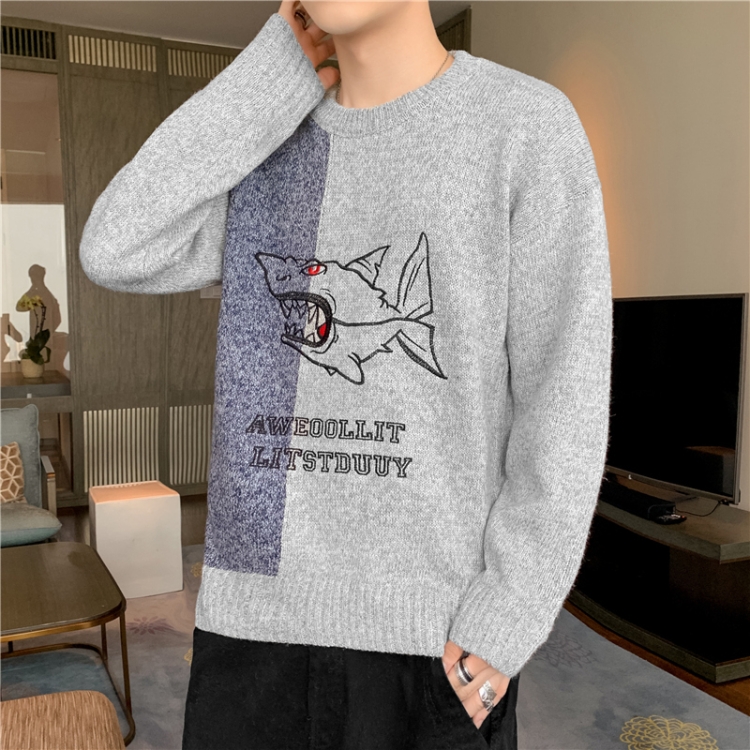 

Loose Round Neck Sweater Stitching Contrast Color Knit Shirt, Size: XXXL(Gray)