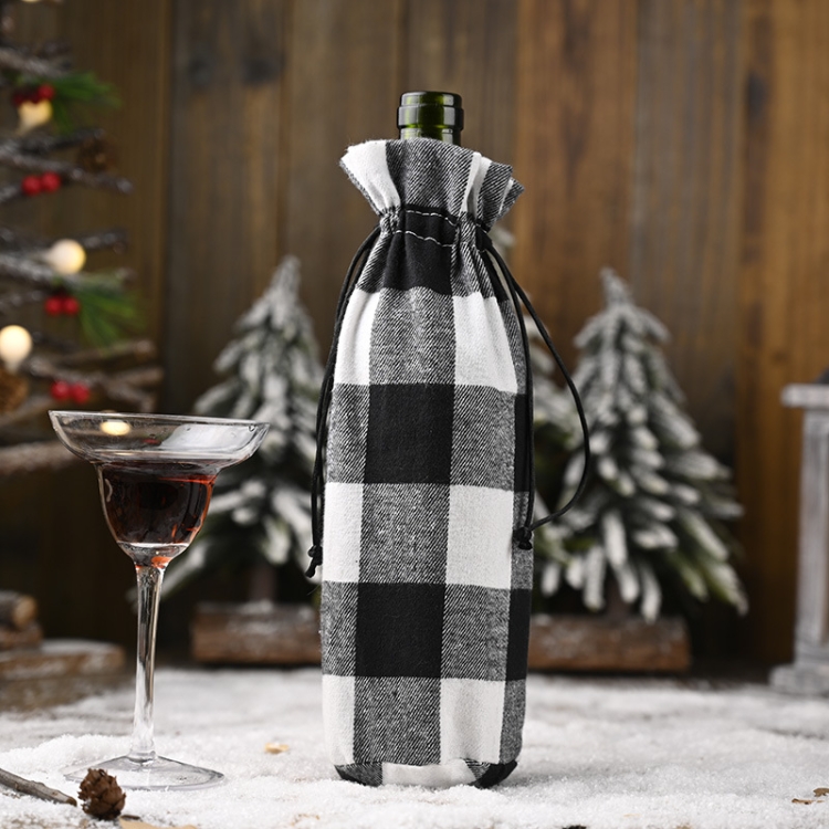 

5 PCS Christmas Decorations Lattice Wine Bottle Cover Drawstring Wine Bottle Bag Red Wine Dress Up(Black and White Lattice)