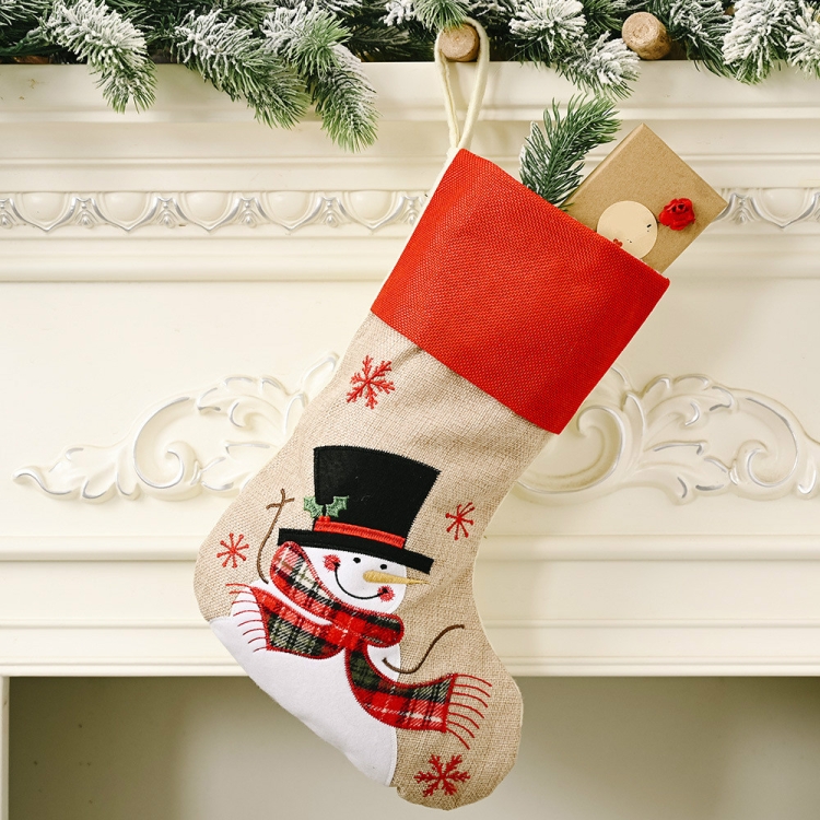 

3 PCS Christmas Decorations Linen Snowflake Applique Embroidered Christmas Socks(Snowman)