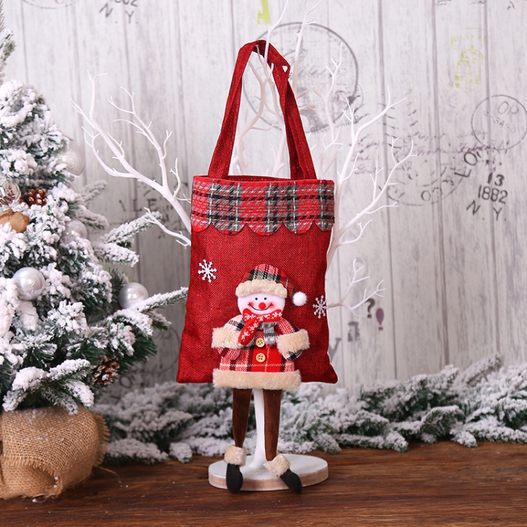 

3 PCS Christmas Burlap Gift Bag Candy Bag Plaid Tote Bag(Snowman )