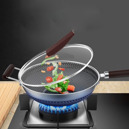 

Stainless Steel Antibacterial Non-Stick Pan Household Non-Oily Smoke Wok, Suitable For Induction Cooker / Gas Stove, Style:34CM With Cover