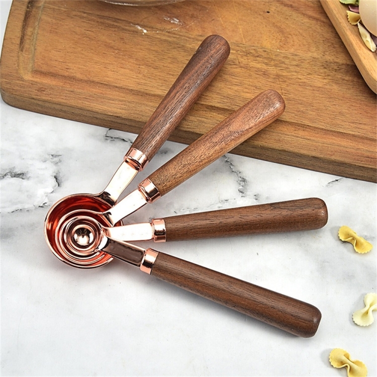 

4 PCS / Set Measuring Spoon Walnut Handle Copper-Plated Kitchen Baking Tools Bartender Scale Measuring Set