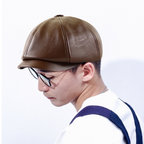 

15382 PU Leather Octagonal Hat Winter Outdoor Warm Cap Retro Beret, Size:One Size(Light Coffee)