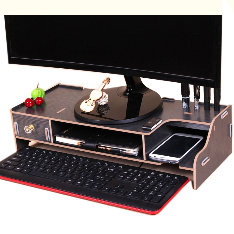 

Monitor Wooden Stand Computer Desk Organizer with Keyboard Mouse Storage Slots(Black)