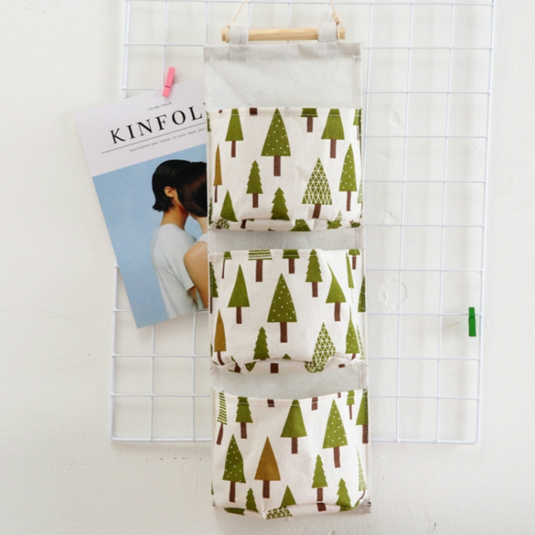 

Printing Pattern Cotton Linen Hanging Storage Bag 3 Pockets Wall Mounted Wardrobe Hang Bag Wall Pouch(Tree)
