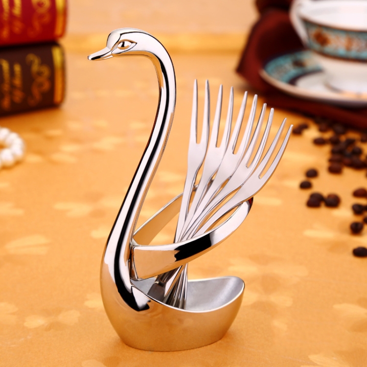 sunsky-online.com - 15% OFF by SUNSKY COUPON CODE: TBD0536078102 for Stainless Steel Gift Tableware Fruit Fork Coffee Spoon Set Zinc Alloy Dessert Fork Spoon Swan Rack, Style:White Golden Swan + 5 Fruit Forks