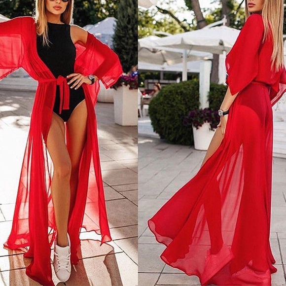 

2 PCS Women Transparent Sexy Lace-up Dress Bikini Cover-up(Red)
