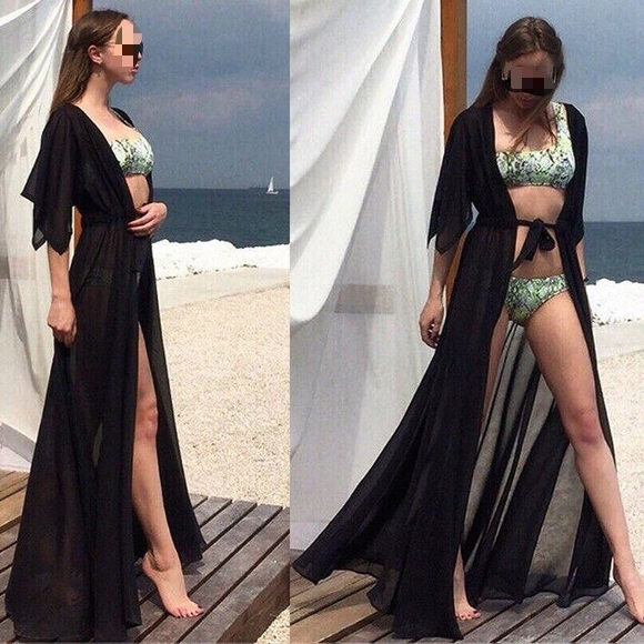 

2 PCS Women Transparent Sexy Lace-up Dress Bikini Cover-up(Black)