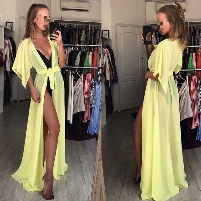 

2 PCS Women Transparent Sexy Lace-up Dress Bikini Cover-up(Yellow)