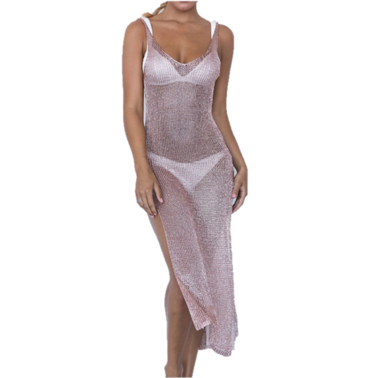 

2 PCS Sexy Perspective Mesh Gauze Strap Dress Swimsuit Cover-up, Size:L(Gold)