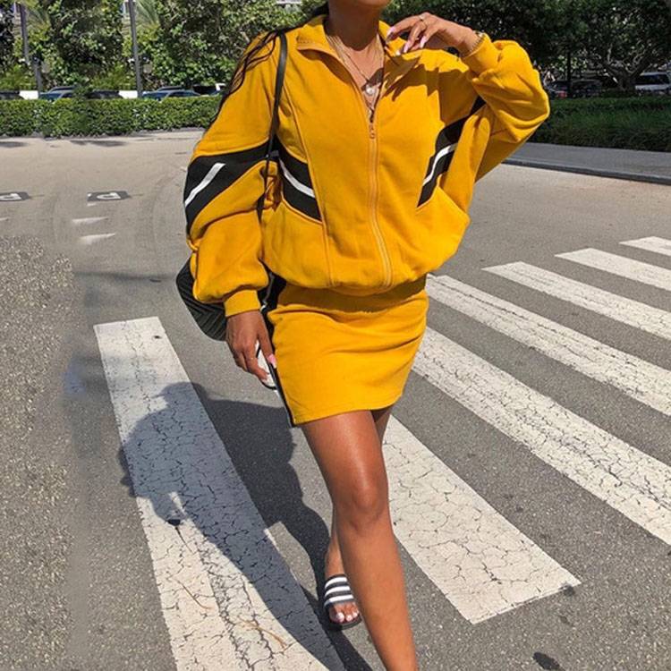 

Women Loose Long Sleeve Patchwork Running Workout Fitness Suit Tennis Dress, Size:M(Yellow)