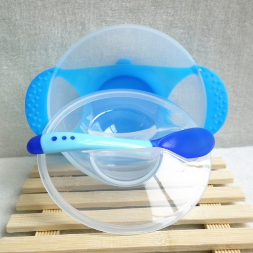 

3 PCS Children Tableware Baby Learning Dishes With Suction Cup Assist Food Bowl Temperature Sensing Spoon(蓝色3件套)