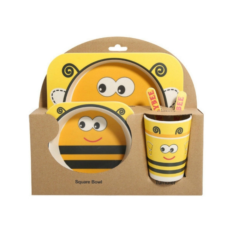

Baby Dish Tableware Set Cartoon Fork Feeding Dishes for Kids Utensils Natural Bamboo Fiber Bowl With Cup Spoon Plate(Yellow Bee)
