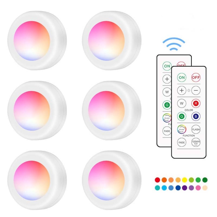 

6 PCS / Set 16 Color RGB LED Night Light Strobe Atmosphere Pat Light Remote Control Cabinet Light with 2 Remote Control