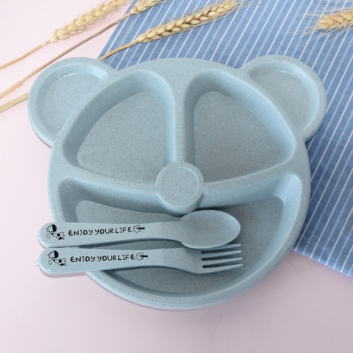 

3 PCS/Set Baby Bowl+Spoon+Fork Feeding Food Tableware Cartoon Bear Kids Dishes Eating Dinnerware(Blue Set)