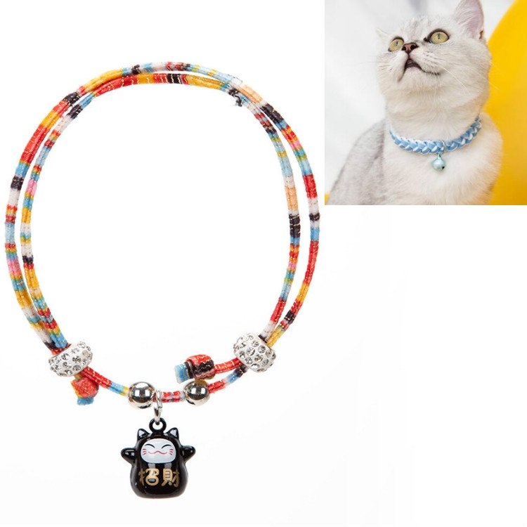 

4 PCS Adjustable Pet Bell Color Cotton Woven Cat and Dog Universal Collar, Colour: Colorful Rope Black Lucky Cat