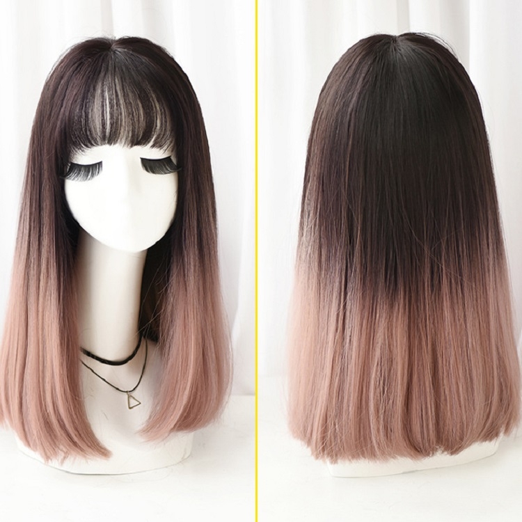 

Realistic Long Straight Hair Wig Synthetic Fiber Headgear For Women, Style:Short Brown Black Gradient Thin Rattan 45CM