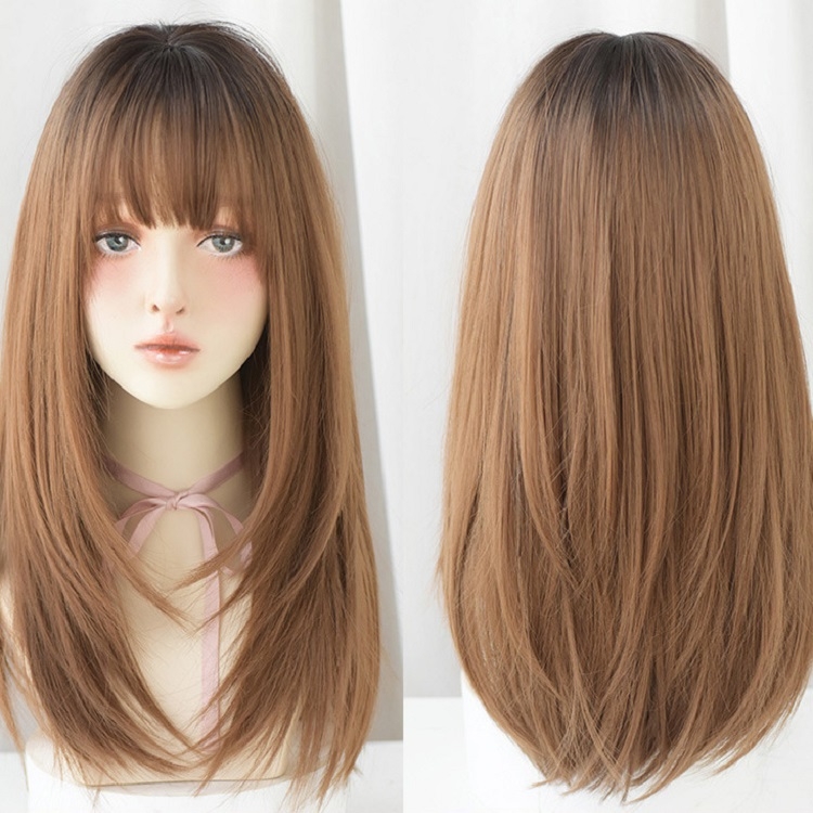 

Ladies Long Straight Hair Air Bangs Wig Hair Set, Colour: Honey Tea