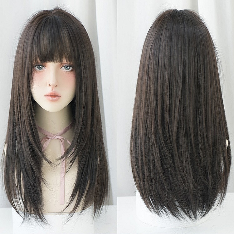 

Ladies Long Straight Hair Air Bangs Wig Hair Set, Colour: Black Brown