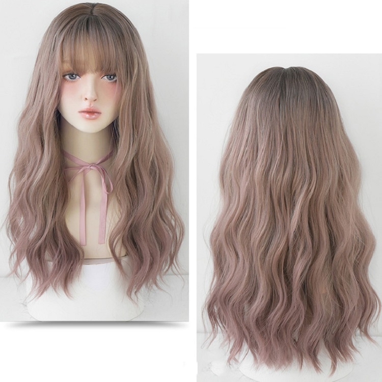 

Ladies Long Hair Slightly Curly Wig Natural Fluffy Hair Cover, Color:Gradient Soot Pink