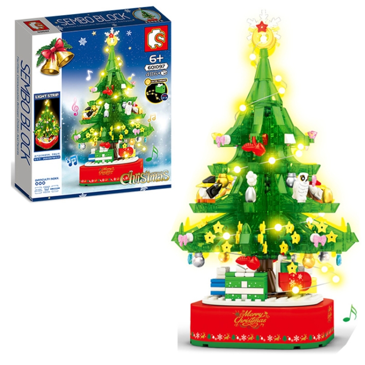 

Christmas Rotating Light Music Box Assembled Building Blocks Children Holiday Gifts, Style:Christmas Tree