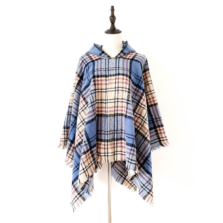 

Spring Autumn Winter Checkered Pattern Hooded Cloak Shawl Scarf, Length (CM): 135cm(DP-07 Blue)