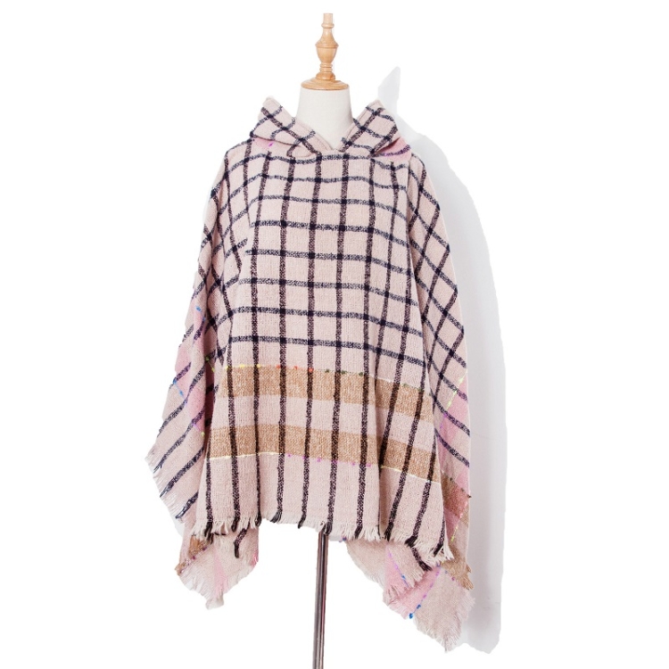 

Spring Autumn Winter Checkered Pattern Hooded Cloak Shawl Scarf, Length (CM): 135cm(DP2-07 Light Pink)