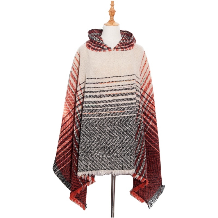 

Spring Autumn Winter Checkered Pattern Hooded Cloak Shawl Scarf, Length (CM): 135cm(DP4-01 Red)
