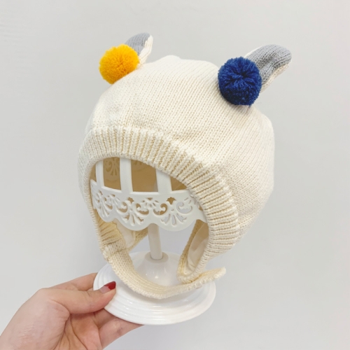 

Cute Round Ball Decoration Baby Hat Cotton Knitted Wool Ear Protected Cap, Size: 45-50cm(Beige)