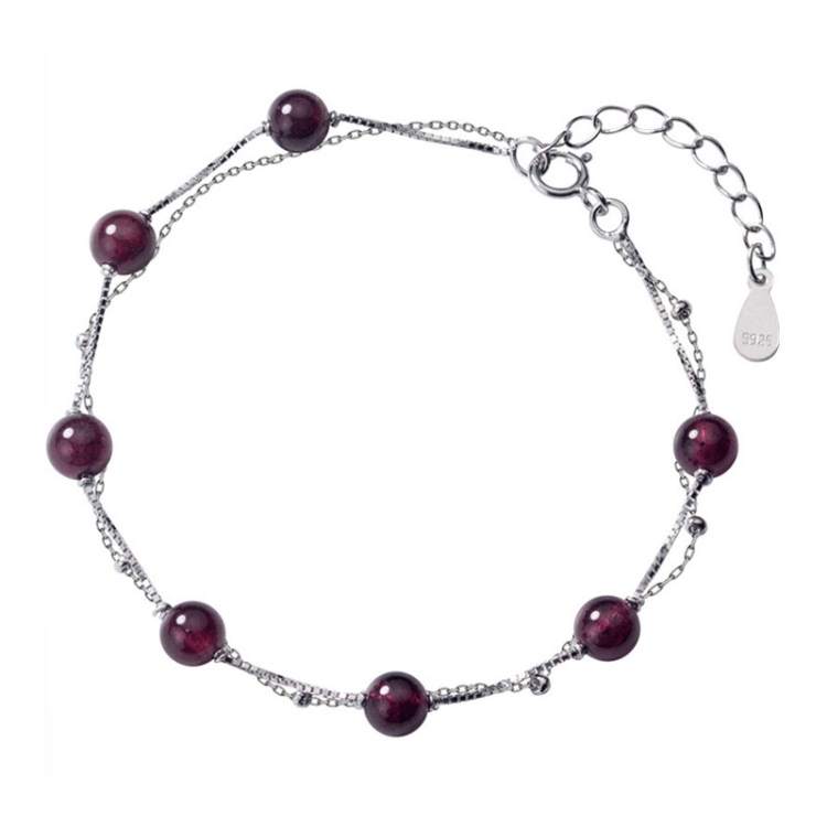

925 Sterling Silver Bracelet Women Crystal Bracelet Natural Beads Double-Layers Jewelry, Style:Garnet