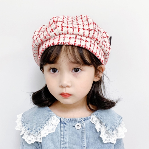 

MZ9676 Girls Plaid Beret Spring And Autumn Children Hat, Size: 48-50cm(Red)