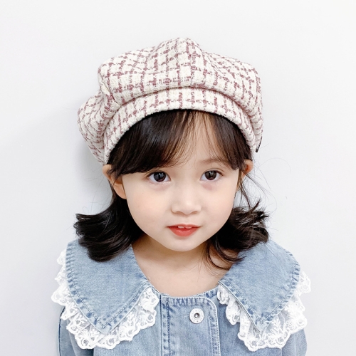 

MZ9676 Girls Plaid Beret Spring And Autumn Children Hat, Size: 48-50cm(Purple Pink )