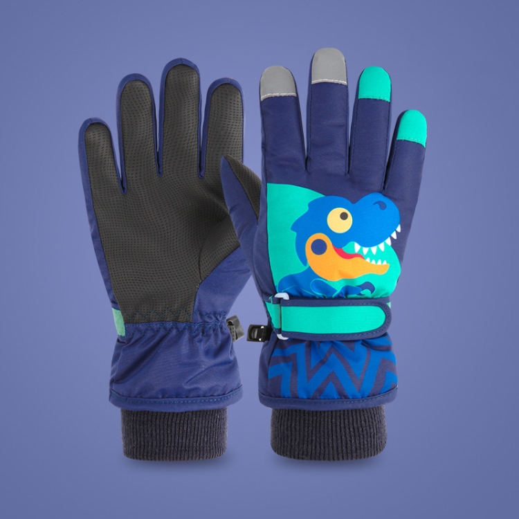 

2020KL Cartoon Dinosaur Pattern Children Anti-Slip And Waterproof Ski Gloves Windproof and Warm Gloves for Cycling Sports, Colour: Navy Blue(L)