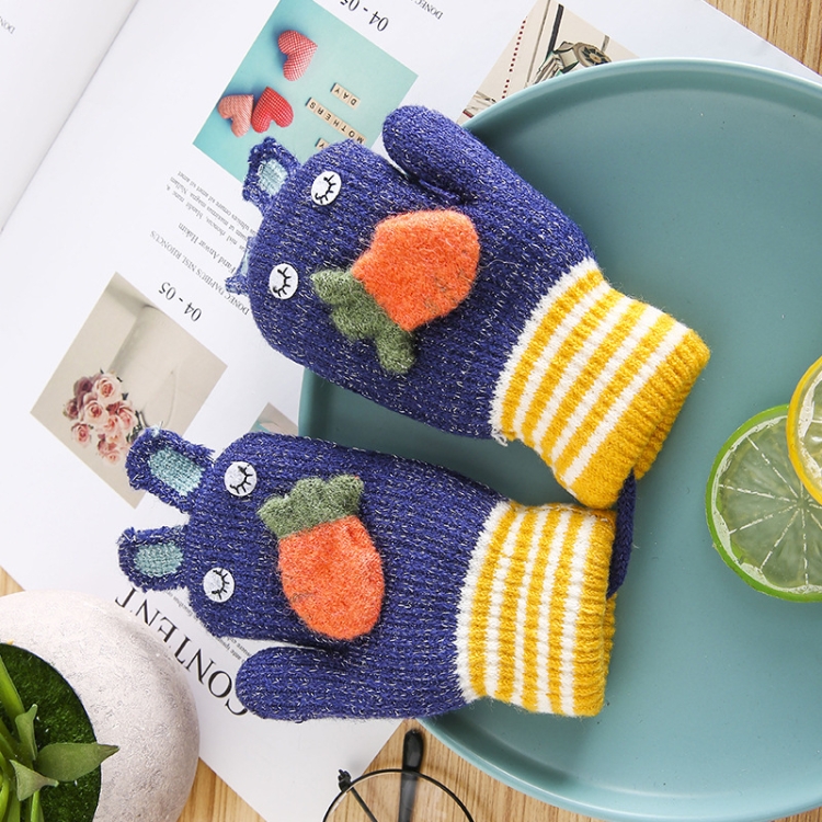 

2 PCS Cartoon Rabbit Carrot Knit Gloves Halter Gloves Autumn And Winter Plus Velvet Warm Gloves For Children, Size: Free size(Navy Blue)