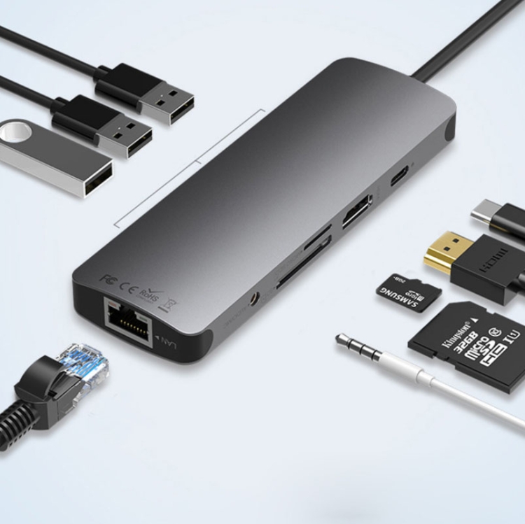 

Mirascreen TC18 9 in 1 USB-C / Type-C to USB 3.0+ Gigabit Ethernet Port + HDMI + TF Card Slot + SD Card Slot + Audio Interface + USB-C / Type-C Charging Interface Docking Station HUB Converter for Macbook Laptop