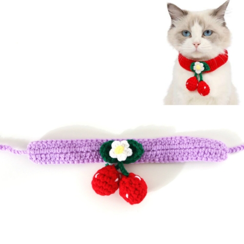 

3 PCS Pet Handmade Knitted Wool Cherry Cat Dog Collar Bib Adjustable Necklace, Specification: M 25-30cm(Purple )