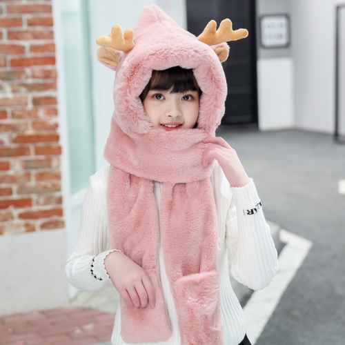 

Integrated Three-purpose Winter Children Cute Cartoon Antler Plush Warm Extended Scarf Hat Gloves(Skin Powder)