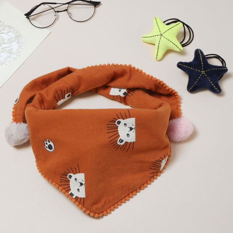 

Autumn And Winter Boys And Girls Cotton Lace Edge Wild Warm Triangle Scarf With Fur Balls, Length (CM): 80-100cm(Orange Lion)