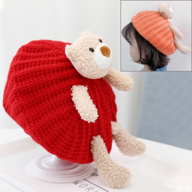 

Children Three-dimensional Bear Knitted Hat Autumn And Winter Warm Beret, Size: 48-52cm(Red)