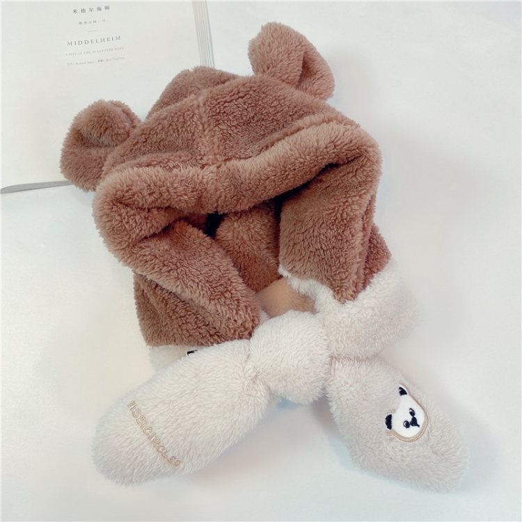 

Winter Color Matching Bear Embroidery Pattern Children Embroidered Plush Bomber Hat, Size:One Size(Brown)