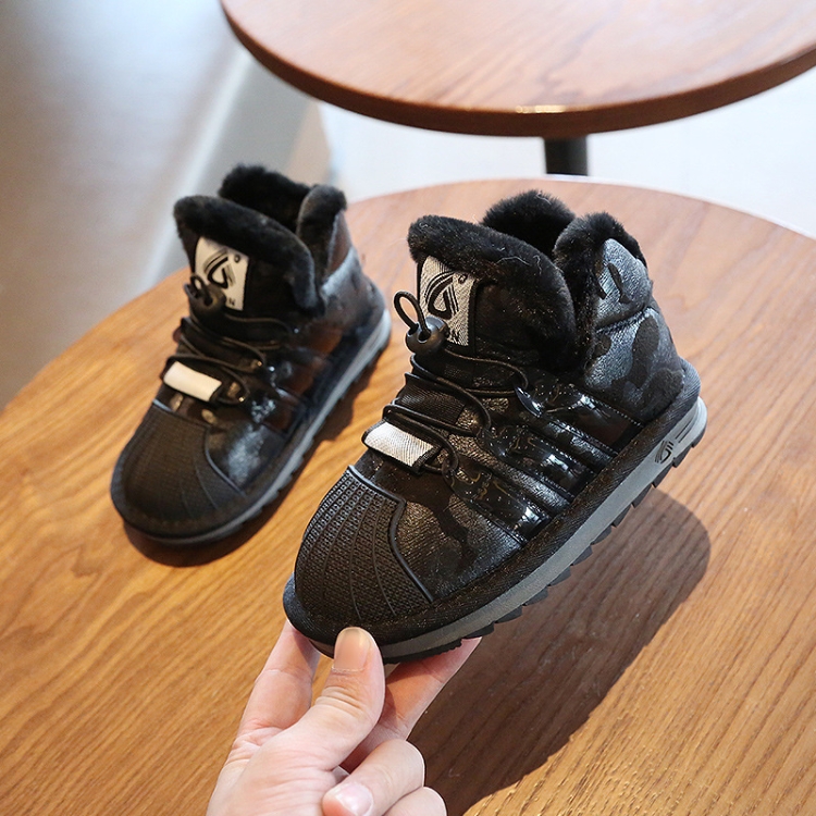 

Girls Thick Cotton Boots Winter Plus Velvet Boys Baby Bread Cotton Shoes Snow Boots, Size: 30(Black)