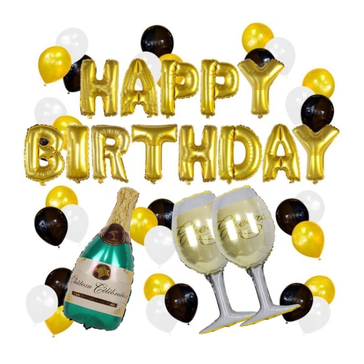 

Birthday Party Background Decoration Set Champagne Bottle Golden Happy Birthday Aluminum Film Ball