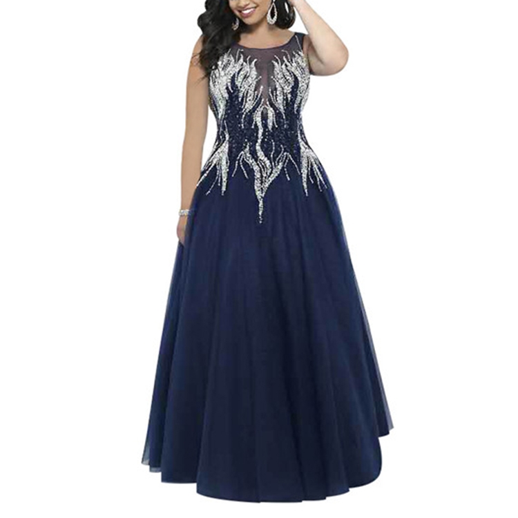 

Fashion Luxury Embroidered Diamond Slim Sleeveless Mesh Long Dress Evening Gown, Size:XL(Blue)