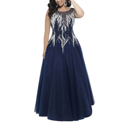 

Fashion Luxury Embroidered Diamond Slim Sleeveless Mesh Long Dress Evening Gown, Size:4XL(Blue)