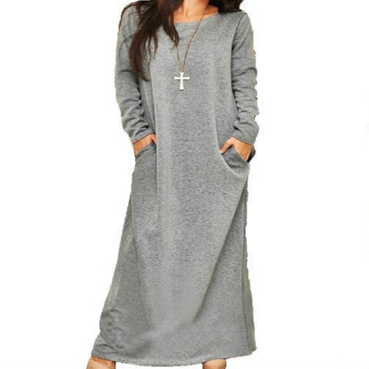 

Loose Strap Long Sleeve Round Neck Long Dress, Size:S(Gray)