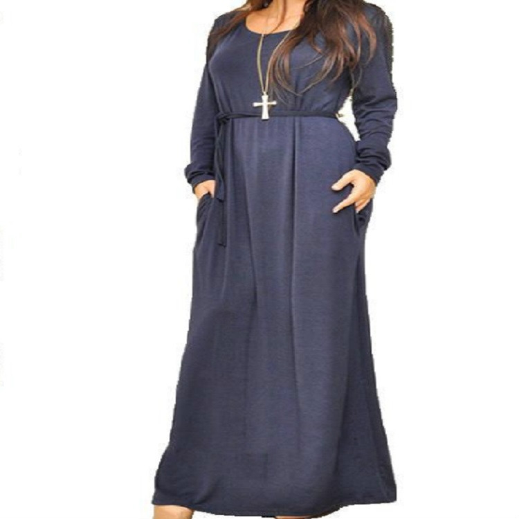 

Loose Strap Long Sleeve Round Neck Long Dress, Size:M(Navy Blue)