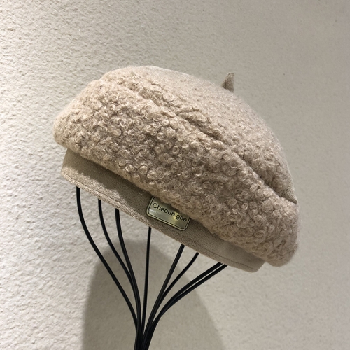 

Autumn and Winter All-Match Beret Pumpkin Hat Plush Octagonal Hat, Size: M (56-58cm)(Beige)