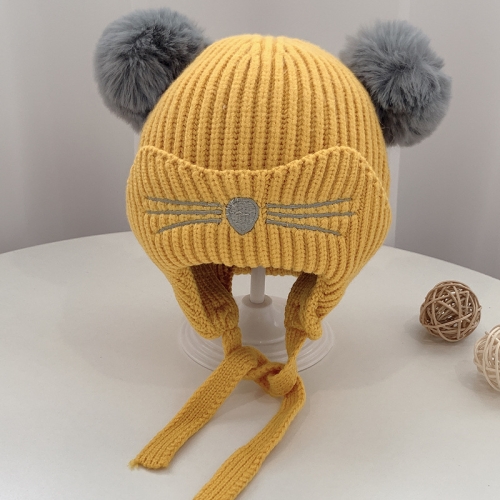 

MZ9849 Double Fur Ball Cat Pattern Garib Baby Knitted Hat Children Winter Warm Woolen Hat, Size: Suitable for Baby 3-24 Months Old(Yellow)