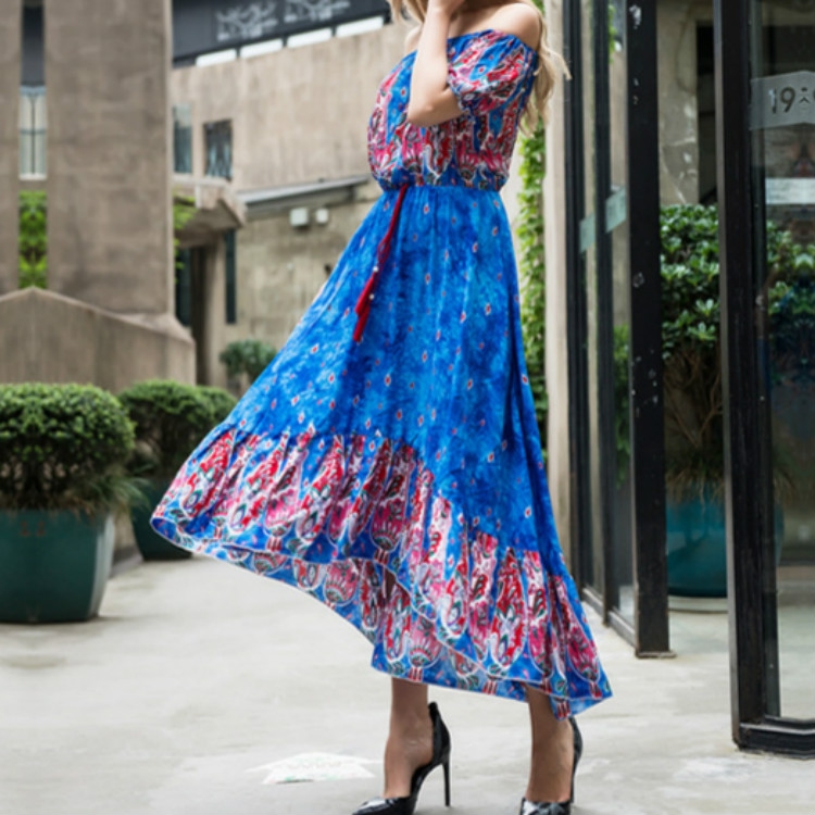 

Print One-shoulder Tassel Short-sleeved Long Dress, Size:L(Blue)